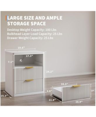 Set of 2 Fluted Nightstands, 2-Drawer Bedside Table with Built-in Charging Station & Open Storage