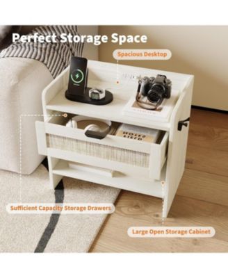 1PC Rattan Nightstand, 1-Drawer Bedside Table with Type-C Charging Station & Open Storage