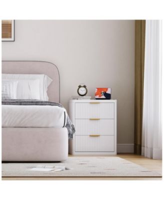 Set of 2 White Fluted Nightstands, 3-Drawer Bedside Table with Built-in Charging Station & Open Storage