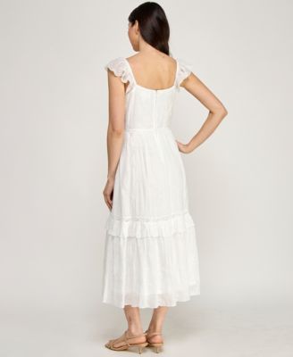 Juniors' Flutter-Sleeve Embroidered Midi Dress