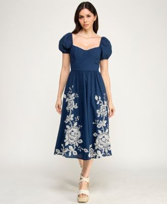 Juniors' Embroidered Sweetheart Neck Midi Dress