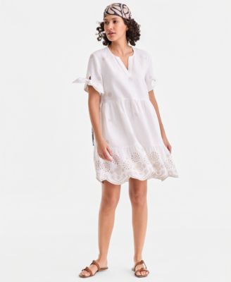 Women's 100% Linen Eyelet-Trim Tiered Mini Dress