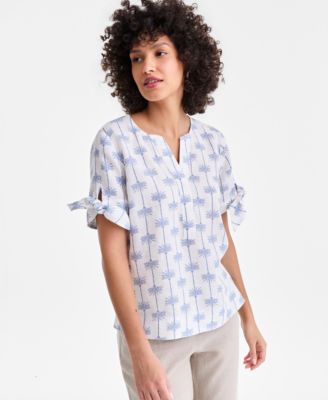 Petite Linen Palm Print V-Neck Top