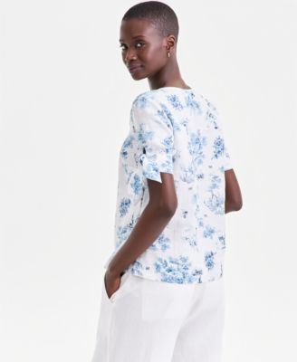 Women's 100% Linen Woven Vine Tie-Sleeve Top