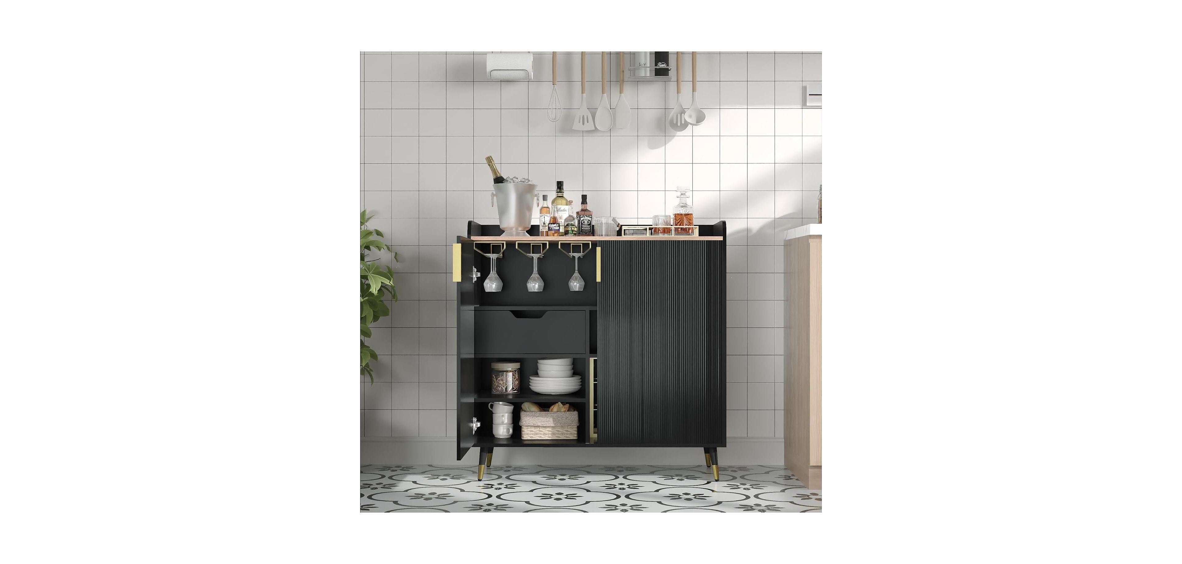 gaomon Modern Small Sideboard Buffet Cabinet with Fluted Doors, Wine Bar & Coffee Liquor Rack and Glass Holders