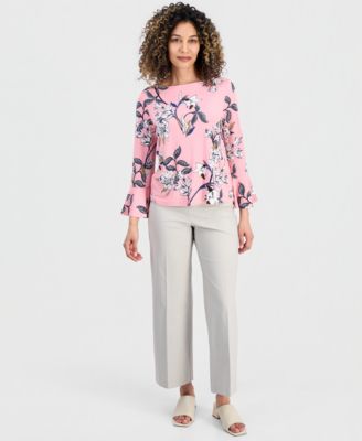 Petite Floral Flare-Sleeve Boat-Neck Top