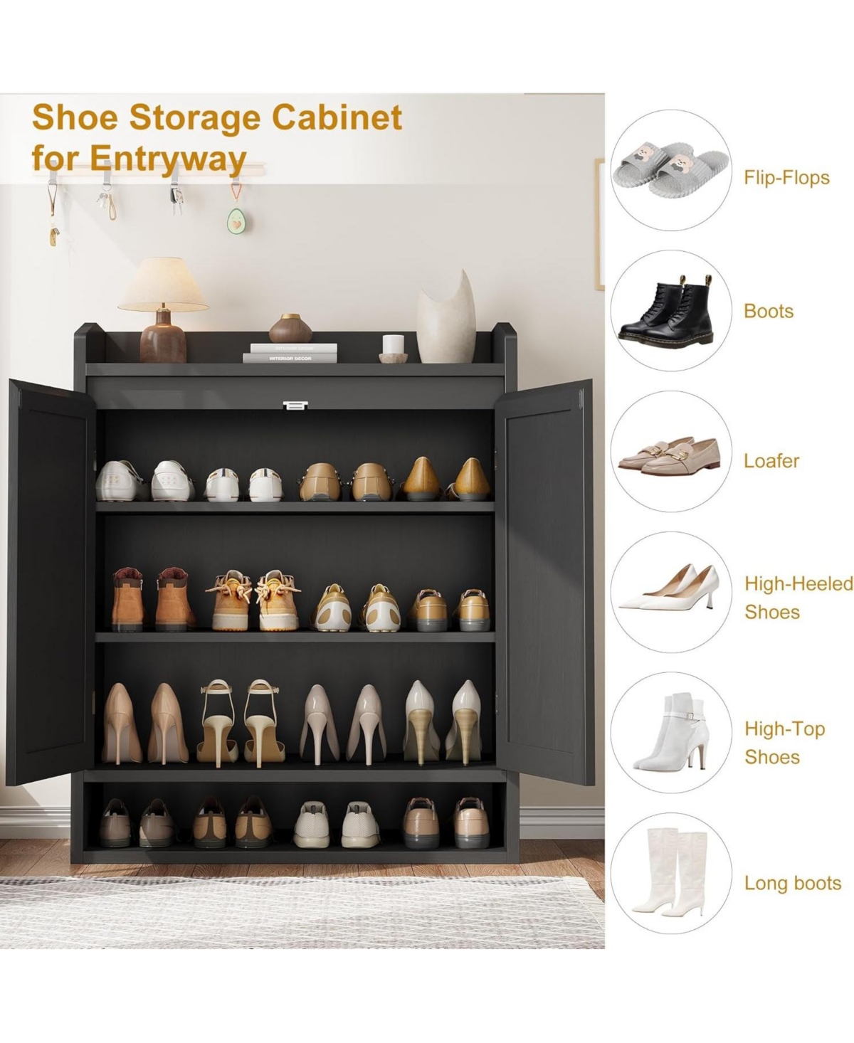 gaomon Shoe Cabinet with 2 Rattan Doors, Adjustable Shelves, 5-Tier Wooden Shoe Storage Organizer