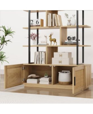 5-Tier Rattan Bookshelf with Cabinet, 71.1 Inch Tall Bookcase with Open Display Shelves