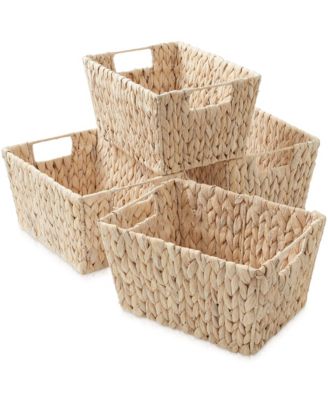 Set of 4 Whitewash Water Hyacinth Baskets with Handles, 12x9x6 Storage Bins for Shelves, Blankets & Laundry