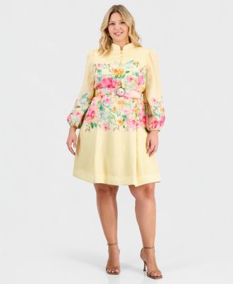 Plus Size Placed-Print Belted Fit & Flare Dress