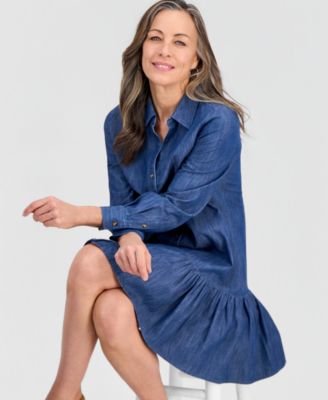 Petite Denim Flounce-Hem Shirtdress