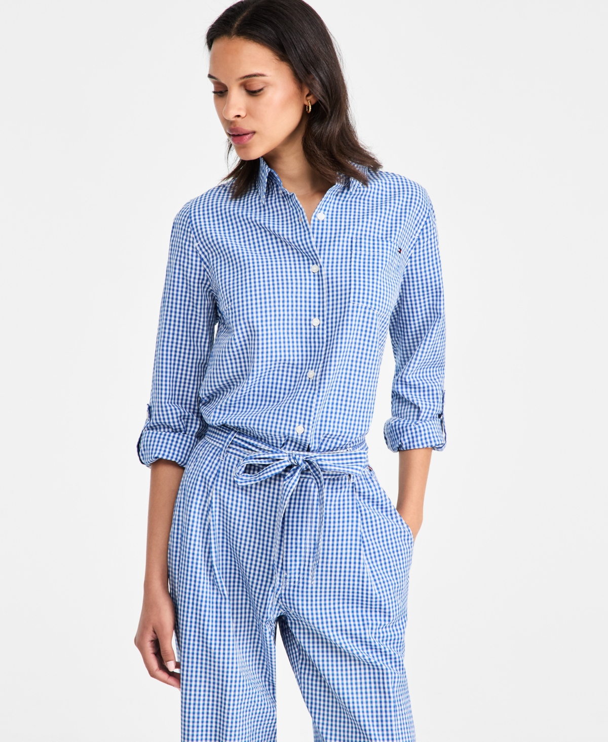 Tommy Hilfiger Women's Gingham Print Roll-Tab Shirt