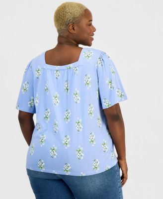 Style & Co Plus Size Short Flutter-Sleeve Square-Neck Knit Top