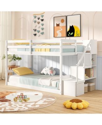 Twin Over Twin Bunk Bed with Storage Stairs, Solid Wood Frame - 42