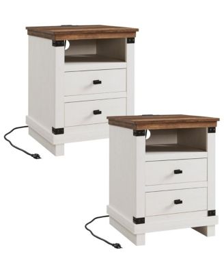 Set of 2 18 Inch Antique Farmhouse Nightstands, 2-Drawer Rustic Bedside Table with Charging Station