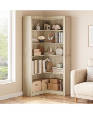 Corner Bookshelf, 71.8 in Corner Bookcase, L-Shaped Bookshelf Farmhouse Bookcase, 5 Tier Display Shelf Heavy Duty Bookcases