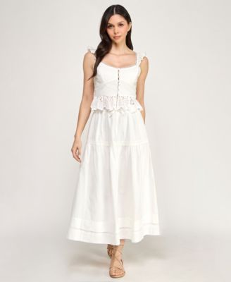 Juniors' Button Up Eyelet Top & Midi Skirt, 2-Piece Set