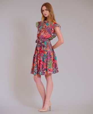 Women's Ruffle Sleeve Printed Keyhole Neck Mini Dress