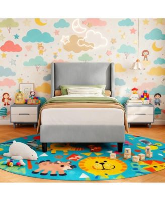 Twin Bed Frame with Wingback Headboard, Vertical Stripe Velvet Upholstery, 2 Storage Pockets, Wood Slats