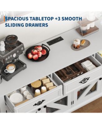 white 63" kitchen buffet cabinet with glass display, 3 drawers, charging station, and mesh barn doors.