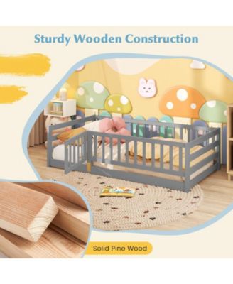 Kids Twin Floor Bed with Safety Fence and Playhouse Door - 41