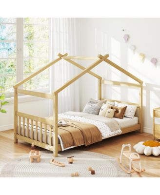 Twin House Bed with Solid Wood Frame and Roof Design - 42