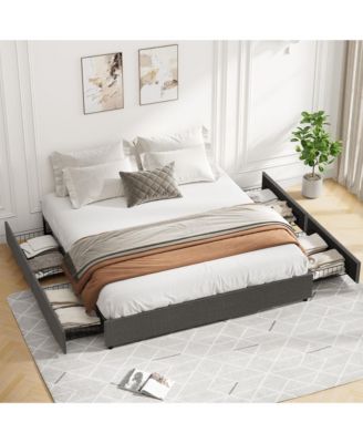 King Fabric Upholstered Platform Bed Frame with 4 Storage Drawers