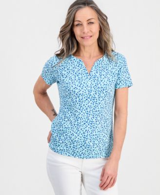 Petite Scattered Buds Henley Short-Sleeve T-Shirt