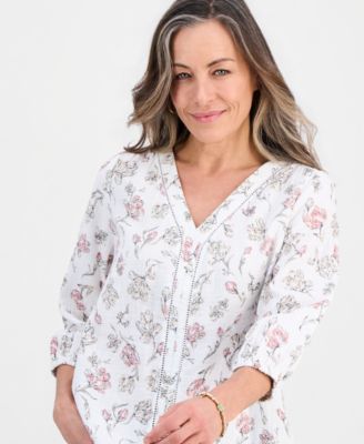 Petite Cotton Gauze Printed 3/4-Sleeve Top