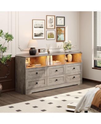 63" Bedroom Dresser with LED Lights & Charging Station Wood Chest of Drawers