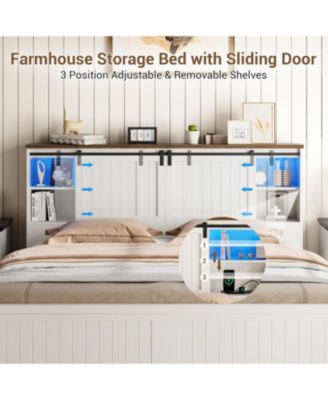 Farmhouse Bed Frame with LED Lights, Charging Station, Storage Bookcase Headboard, Sliding Barn Door - Full