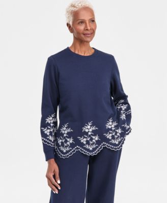 Petite Long-Sleeve Trim Eyelet Knit Crew Neck Top