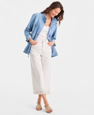 Petite Wide-Leg Embroidered Scallop High-Rise Cropped Jeans