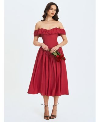 Women's Xavy Crimson Off-Shoulder Corset Midi Dress