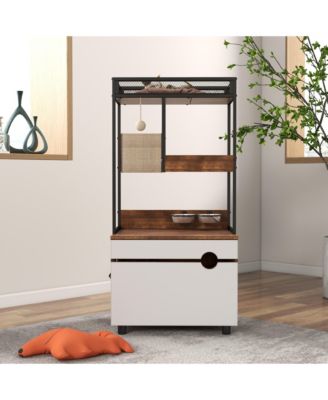 Cat Litter Box Enclosure Cabinet with Cat Tree Tower, Feeding Station, and Scratching Pads