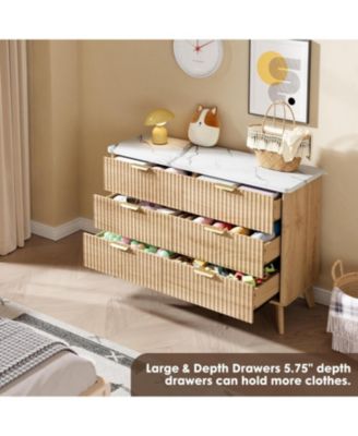 Modern Fluted 6-Drawer Dresser, Curved Profile with Gold Handles & Spacious Storage