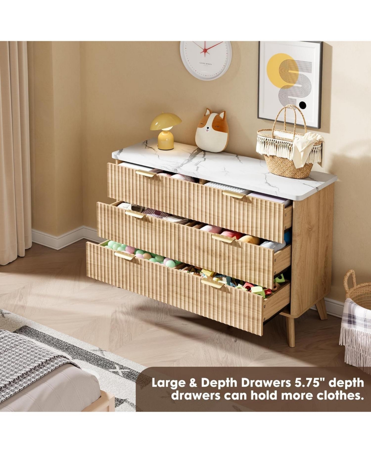 gaomon Modern Fluted 6-Drawer Dresser, Curved Profile with Gold Handles & Spacious Storage