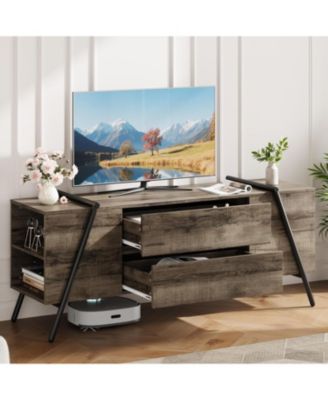 Brand 55" Modern Farmhouse TV Stand, 2 Drawers Adjustable Shelves U-Shaped Metal Legs Entertainment Center