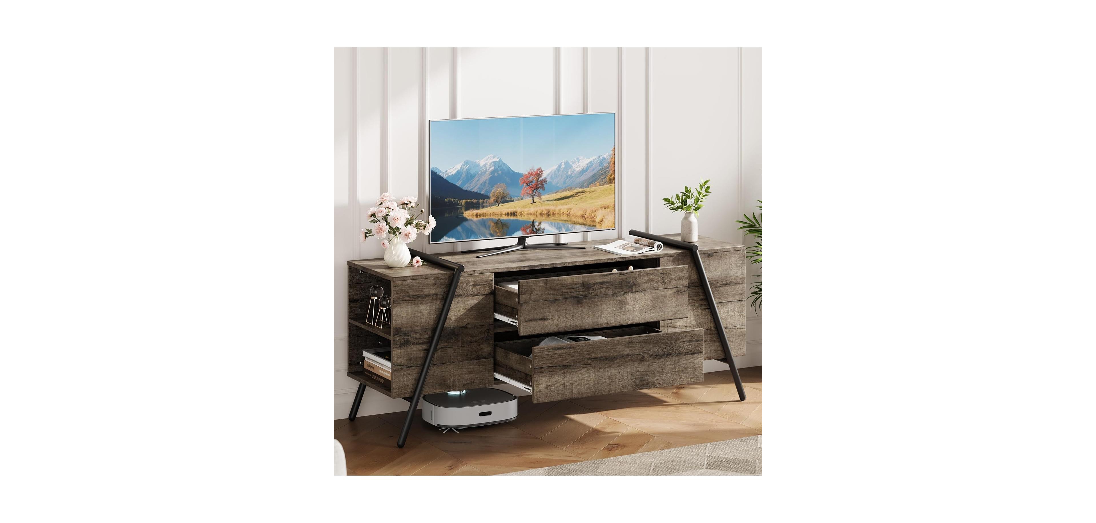 Gaomon Brand 55" Modern Farmhouse Tv Stand, 2 Drawers Adjustable Shelves U-Shaped Metal Legs Entertainment Center