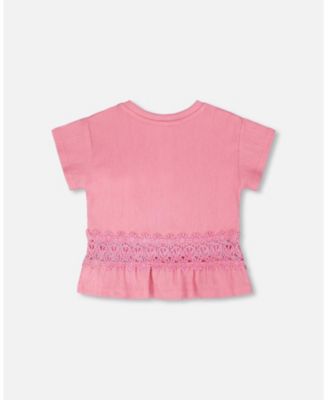 Girl Crinkle Jersey Long T-Shirt with Crochet Insert Pink - Toddler|Child