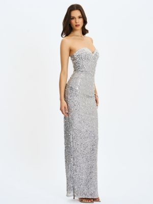 Women's Noelle Silver Sequin Pearl-Embellished Sweetheart Maxi Dress