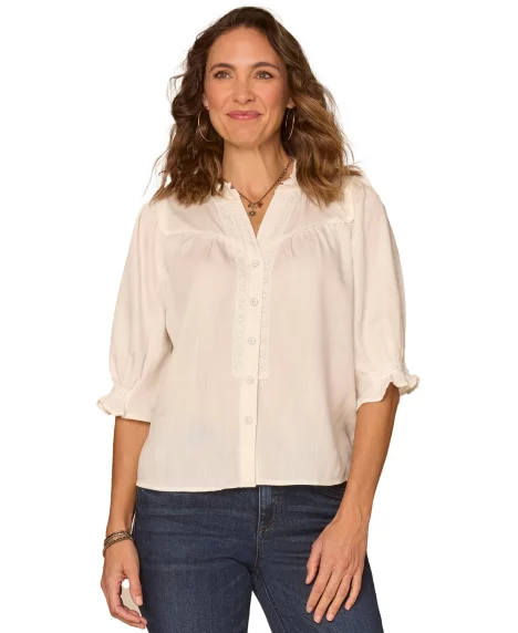 Petite Below Elbow Button-Down Top - White