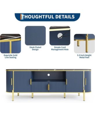 Fluted TV Stand with Faux Marble Top, Elegant Modern Media Console