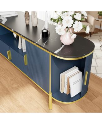 Fluted TV Stand with Faux Marble Top, Elegant Modern Media Console