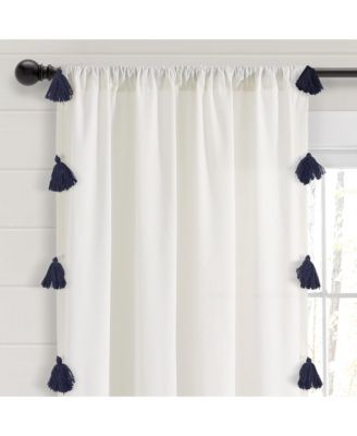 Boho Faux Linen Texture Tassel Window Curtain Panel Single 52"W x 84"L White & Navy - White Curtains For Bedroom - Living Room Curtains