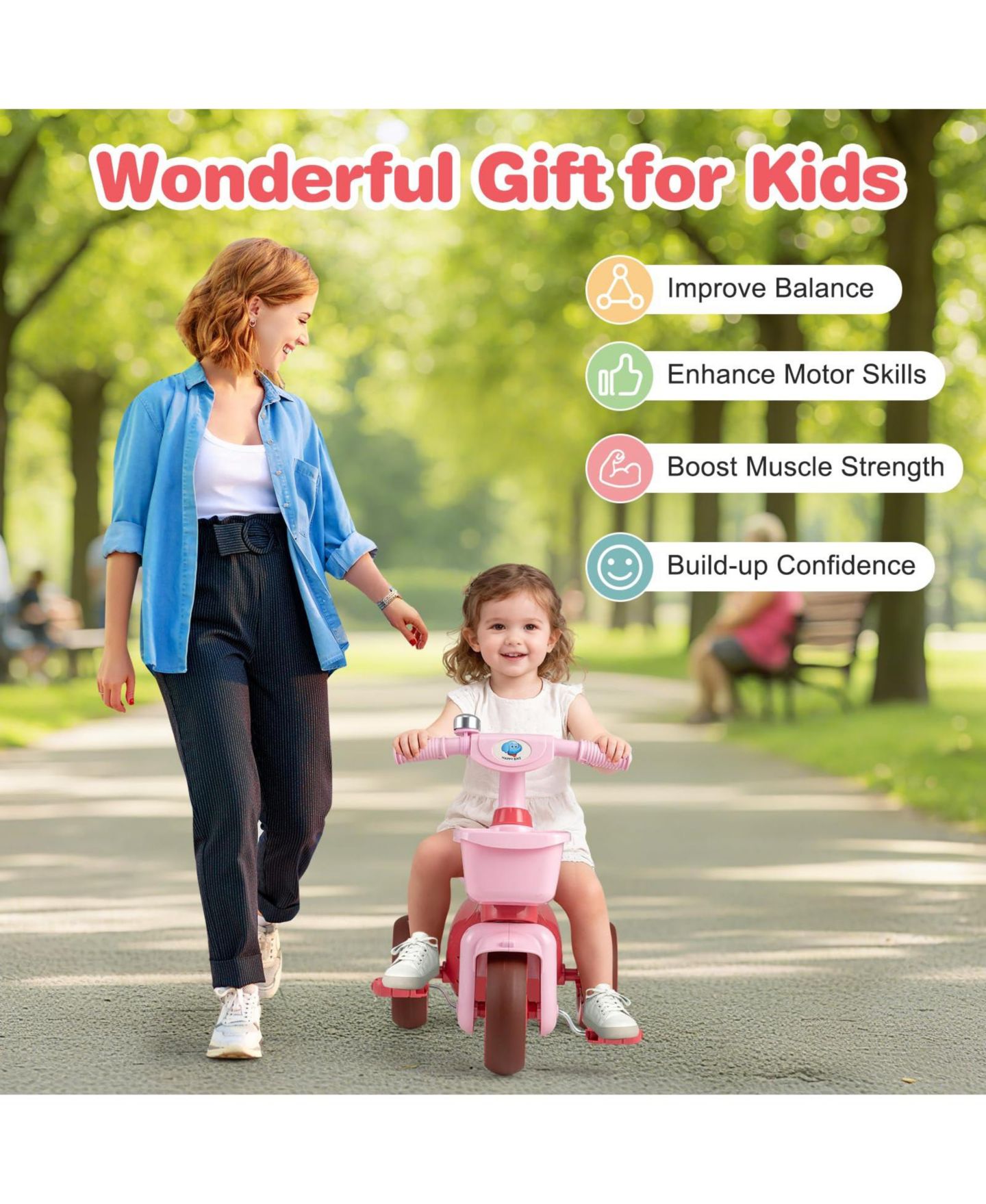 Детская игрушка Mecale Toddler Tricycle with Limited Steering, Front Storage Baskets & Bell, Ages 3–5, цвет: Розовый — фото 9