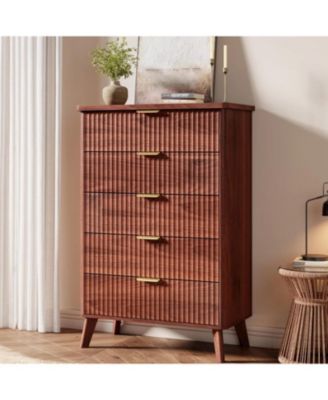 Walnut 47.2" Tall Fluted 5-Drawer Dresser, Curved Profile with Handles