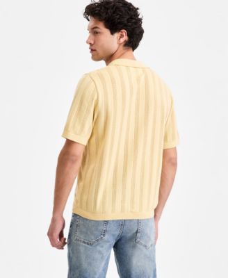 Men's Mixed-Stitch Johnny Collar Short-Sleeve Sweater