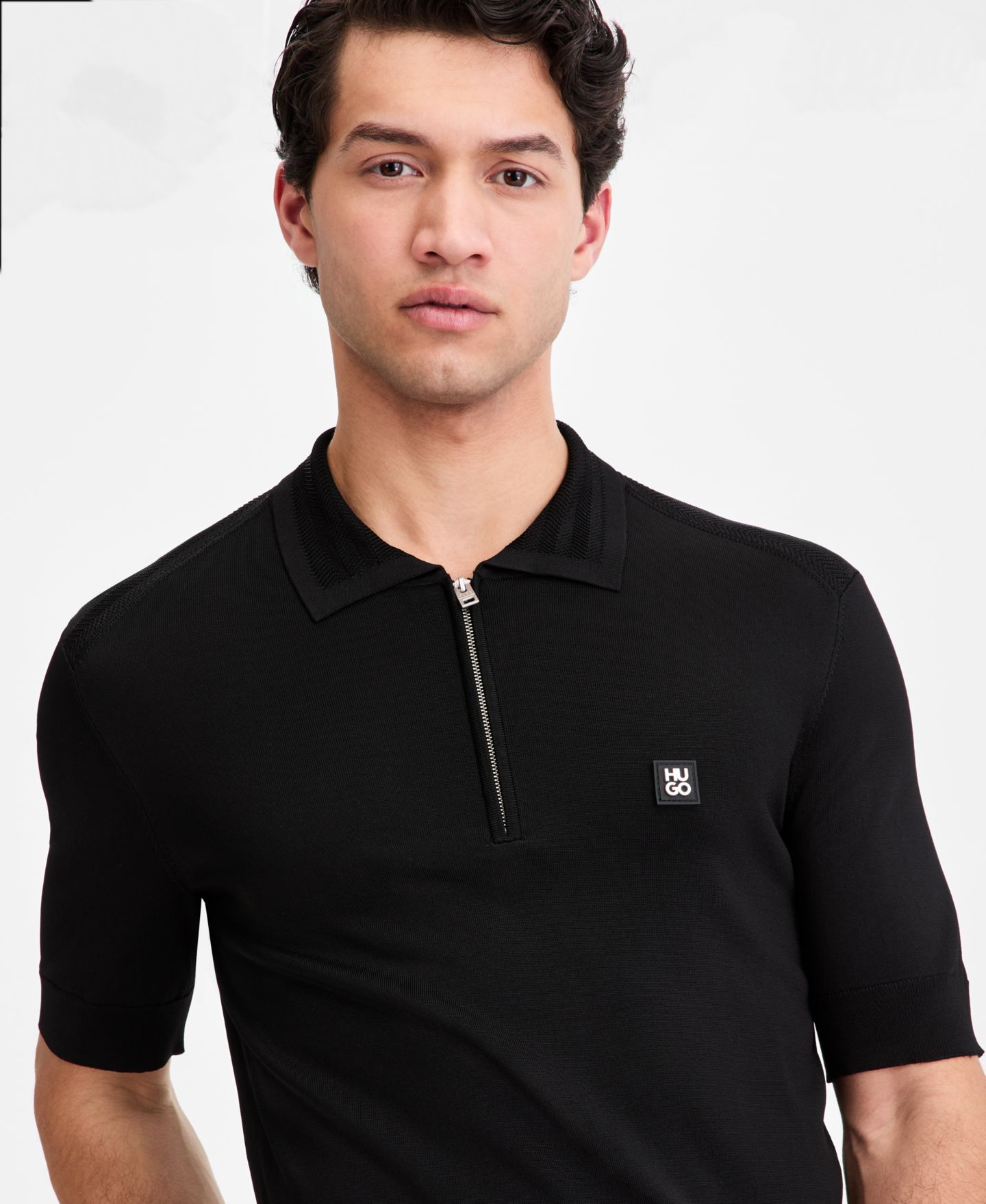 Мужское поло Hugo Boss Jacquard-Accent Half-Zip Polo Shirt, цвет: Чёрный — фото 3