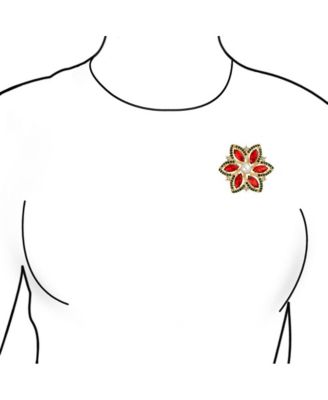 Large Statement Red Green Marquise Crystal & Fashion Pearl Flower Brooch Scarf Pin Gold Plated